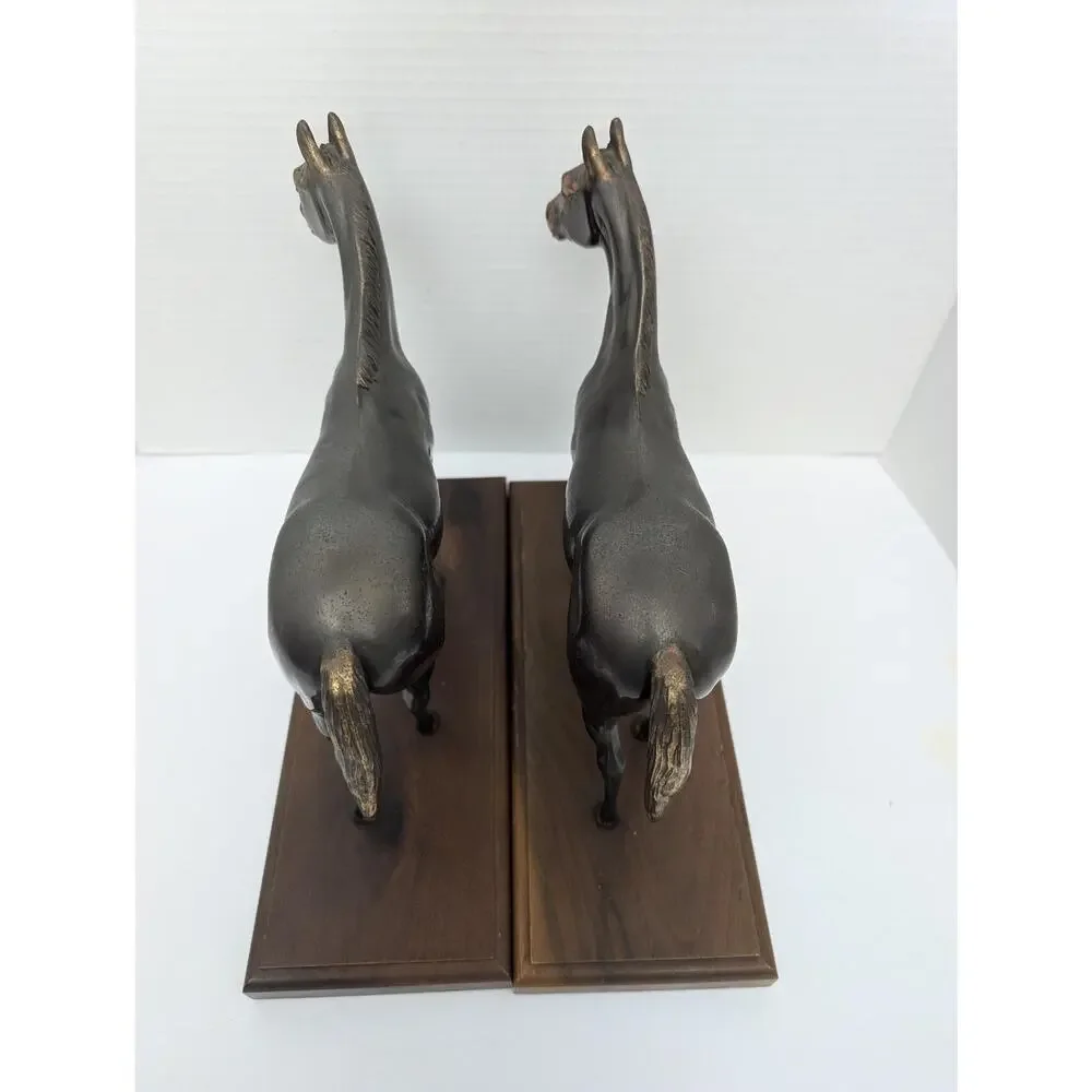 Pair Vintage Metal Horse Bookends Wood Base Equestrian Decor